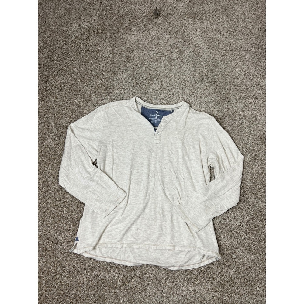 Tommy Bahama Mens Large Oatmeal Heather Long Sleeve Henley Cotton Blend Shirt